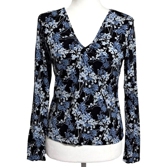 Old Navy Tops - Old Navy Top Womens Size M Blue Cream Floral Floral V-Neck Long Sleeve Y2K